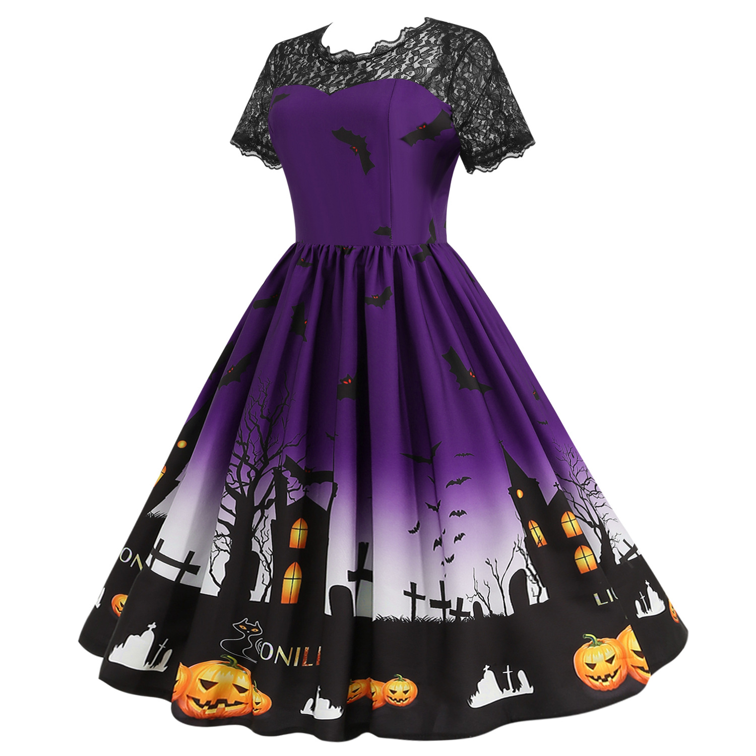 Womens Retro Lace round Neck Short-Sleeved Printed Maxi Dress for Cosplay Party